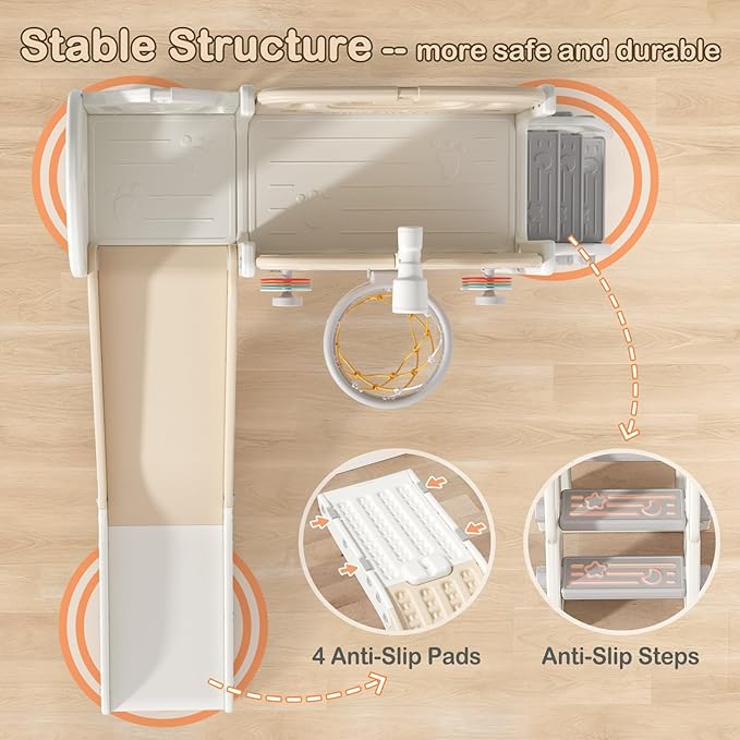 BIERUM 9 in 1 Toddler Slide Set, Baby Slide for Toddlers 1-3 with Ring Toss and Basketball Hoop, Indoor Outdoor Toddler Playset Playground Beige Coffee