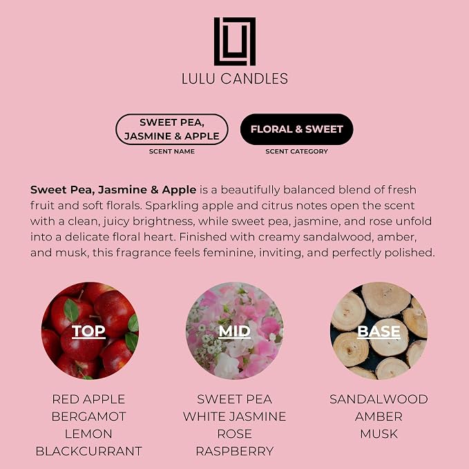 Lulu Candles | Sweet Pea, Jasmine & Apple | Luxury Scented Soy Jar Candle | Hand Poured in The USA | Highly Scented & Long Lasting- 9 Oz.