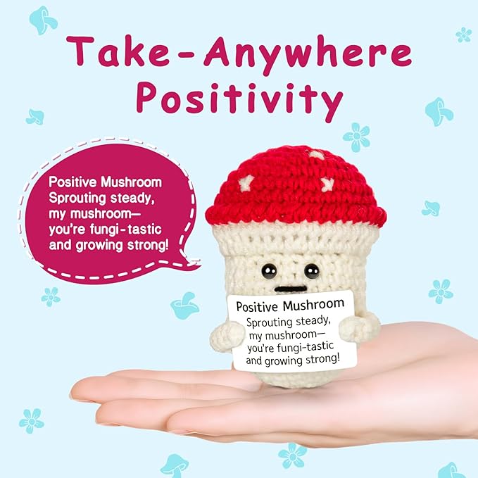 Emotional Support Crochet, Positive Crochet Mushroom, Encouragement Gifts for Women Men Birthday Christmas Self Care Friends Coworkers Relaxation Gift Desk Home Fall Decor Inspirational Support