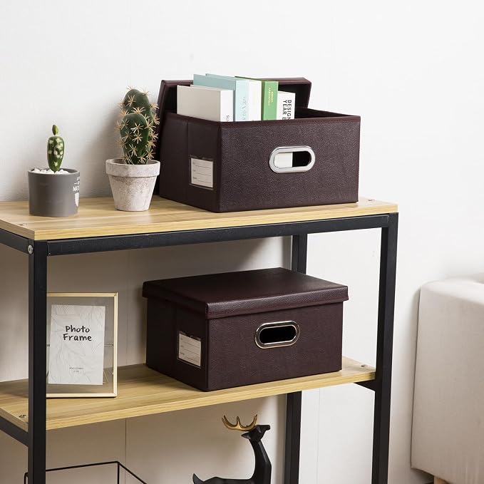 Collapsible Storage Box with Lid [1-Pack] Leather Fabric Foldable Storage Bin Organizer Container Basket Cube with Cover for Home Bedroom Closet Office Nursery Brown (13.6x9.6x6.9)