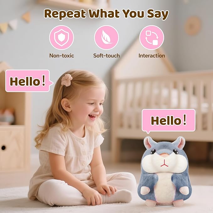 Kids Toddler Toys for Ages 2-4, Talking Hamster Repeats What You Say, Interactive Plush Repeating Toy for 2 3 4 5 6 8 Year Old Boy Girl Birthday Gift (Gray)
