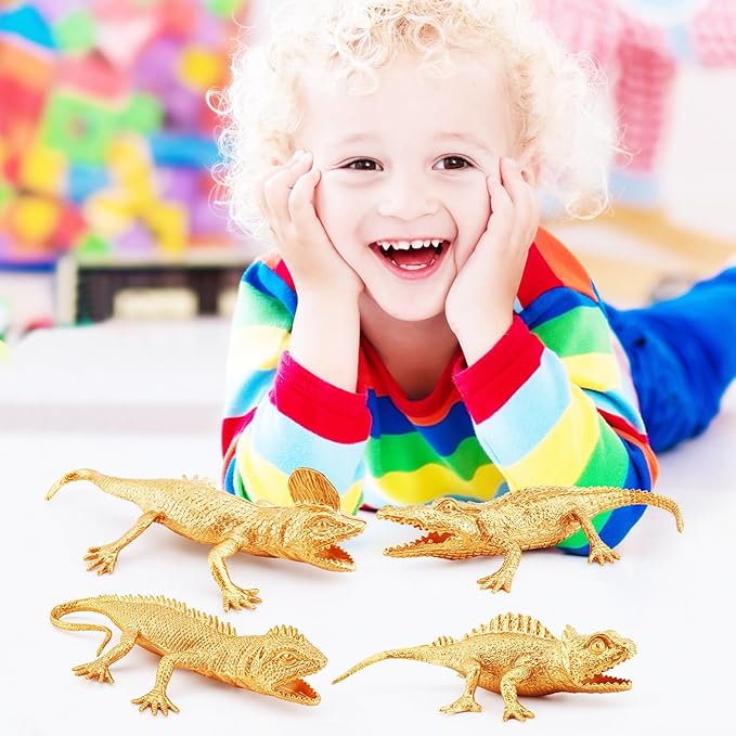 Golden Lizard Cake Topper Crocodile Toy Set for 4PCS Gold Alligator Cupcake Decorations Chameleon Cake Decorations for Boys 4 Inch for Kids Toddlers Birthday Gift