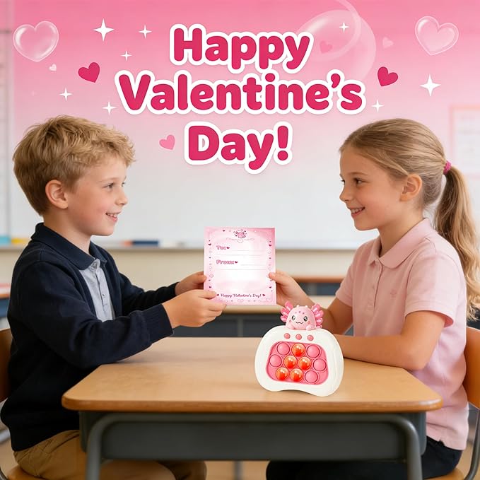 Valentines Day Cards with Axolotl Pop Game Fidget Toy,Valentines Day Gifts for Kids,Quick Push Game Pop Bubble Up Toys,Axolotl Gifts Teen Girl Trendy Stuff Valentine School Classroom Exchange