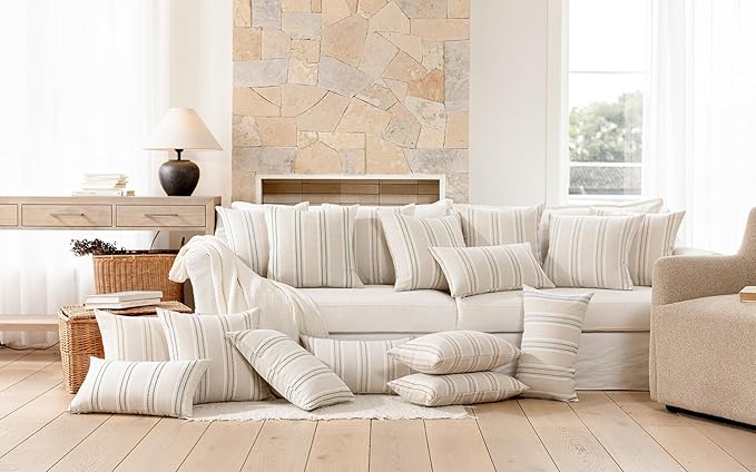 Hckot Striped Throw Pillow Covers 22x22 Set of 2 Charcoal Pillow Covers | Farmhouse Decorative Pillows Textured Linen Square Cushion Covers for Sofa Couch Bed Living Room Decor