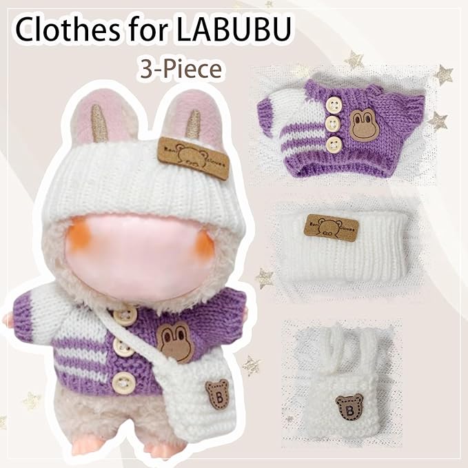 Clothes for 17cm Dolls Accessories Crochet 3 Piece Set Outfits for Doll(Purple Sweater)
