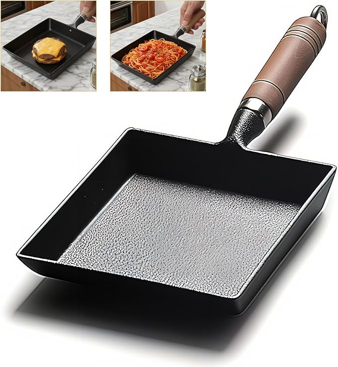 OUKENS Japanese Cast Iron Tamagoyaki Pan Nonstick, Multifunctional Square Japanese Egg Pan, Detachable Wood Handle, Oven Safe, for Omelets, Steak and Camping,6.1 x 7.3 Inch