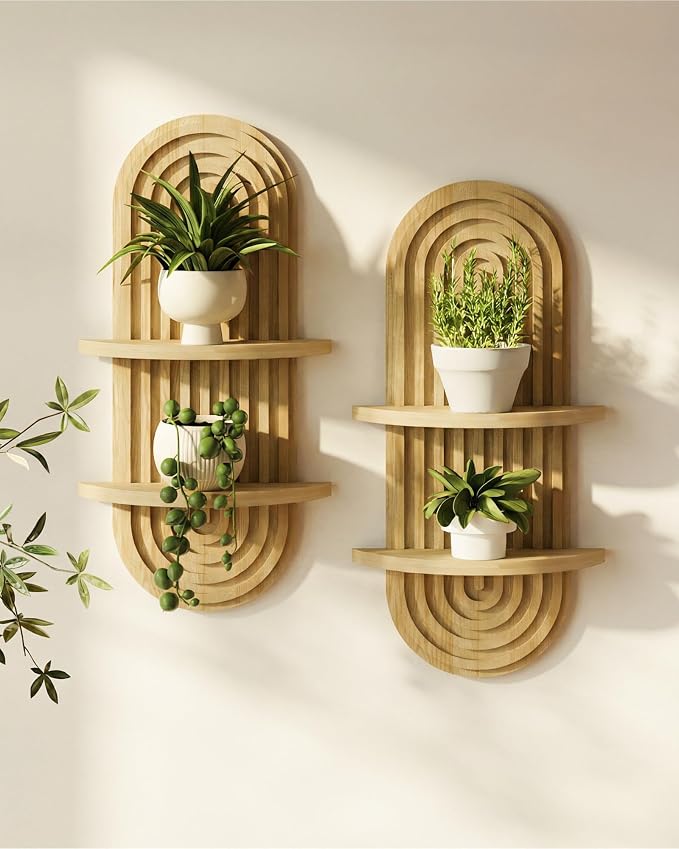 Bamworld Boho Wall Decor Plant Wall Shelf Wood Plant Holder Natural 2PCS | Mid Century Modern Decor Hanging Plant Shelf Wooden Floating Shelves for Home Bedroom Living Room Holding Planter Decoration