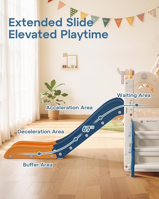 BIERUM Toddler Slide Set, 13 in 1 Kids Indoor Slide for Toddler 1-3, Indoor Outdoor Toddler Slide Playset with Basketball Hoop, Golf Game & Drawing Board, Baby Indoor Slide Playground, Blue&Yellow