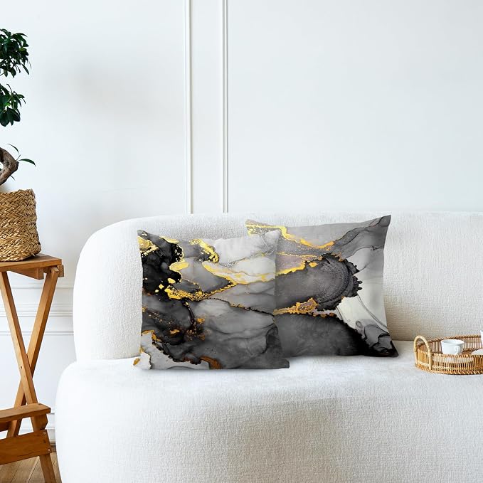 Black Grey and Gold Marble Texture Pillow Covers 22x22 Double-Sided, Abstract Modern Decorative Throw Pillow Covers for Living Room Bedroom, Modern Home Decor, Black and Gold Decor, Set of 2