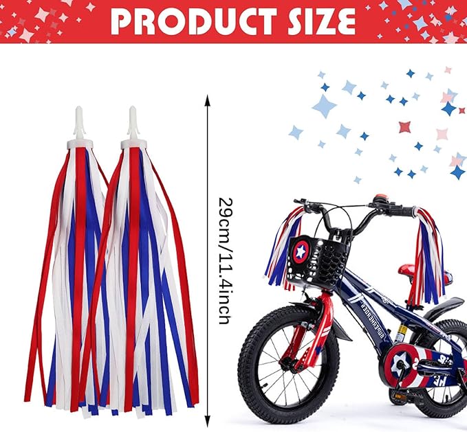 PLATT Kid's Bicycle Handlebar Streamers Colorful Ribbons Tassel for Girls Boys Bicycle Handlebar Scooter Handgrip (1Pair) (Red+White+Blue)