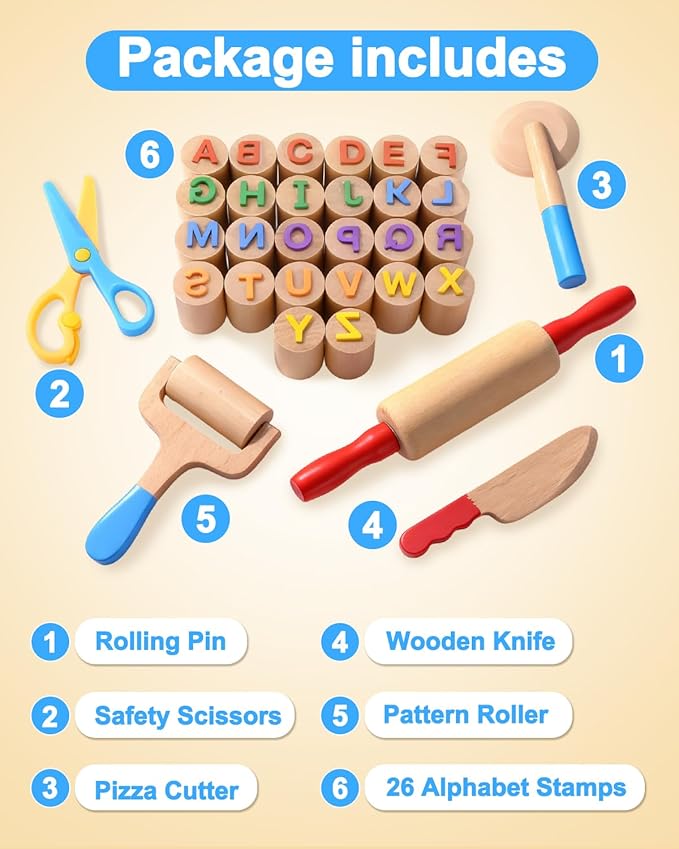 Wooden Dough Tools Kit for Kids, Dough Accessories with Rolling Pins, Pizza Cutter, Safety Scissors & 26 Letter Stamps, Educational Alphabet Learning Toys Gift for Toddlers Ages 3–6