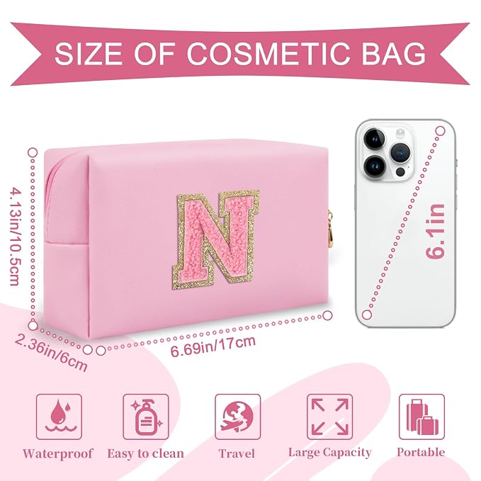 Personalized Initial A-Z Preppy Patch Makeup Bag,Small PU Leather Chenille Letter Cosmetic Bag with Zipper for Teen Girls,Pink Cute Travel Toiletry Bag,Birthday Monogrammed Gift for Daughter,Letter V