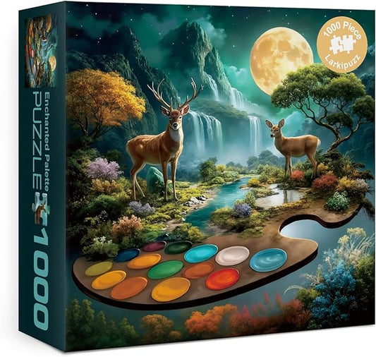 Magic Deer Landscape Puzzles for Adults 1000 Pieces, Fantasy Moon Mountain Tree Jigsaw Puzzle, Colorful Difficult Art Puzzles
