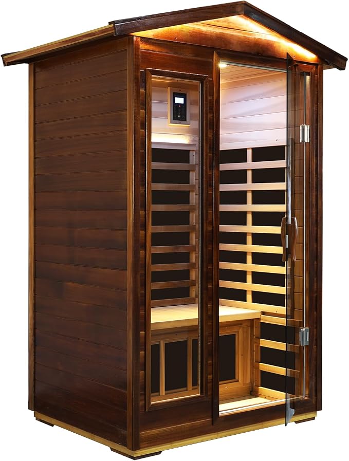Kanlanth Red Cedar 2 Person Outdoor Infrared Sauna, Ultra-Low EMF Far Infrared Sauna, 1,750W, Luxury Outdoor Infrared Sauna with Near red Light and Chromotherapy, Bluetooth, LED