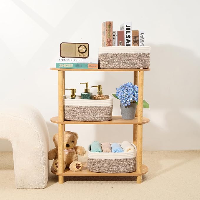 MiniArk Small Storage Baskets for Organizing | Closet Organizer Bins | Shelf Toy Basket | Woven Rope Baskets | Cube Decorative Box | Shallow Basket | 13x8.5x5.1” | 3 Packs White Brown