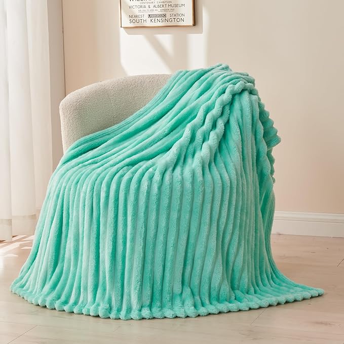 NEWCOSPLAY Super Soft Twin Blanket Aqua Premium Silky Flannel Fleece 3D Ribbed Jacquard Lightweight Bed Blanket All Season Use (Aqua Ribbed, Twin(60"x80"))