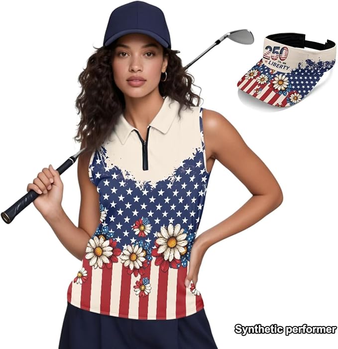 POLERO Golf Tank Top Women Golf Shirts and Visor Hat Collared Racerback Tennis Shirt Set Quarter Zip