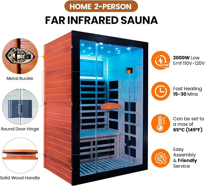 2 Person Infrared Sauna Far Infrared Sauna Room for Home Indoor 2000W Low-EMF Wood Dry Sauna with Full Starry Sky Lights Ceiling in 7 Color Speaker Fast Heating Easy Assembly- 47.3*41.3*74.8 IN