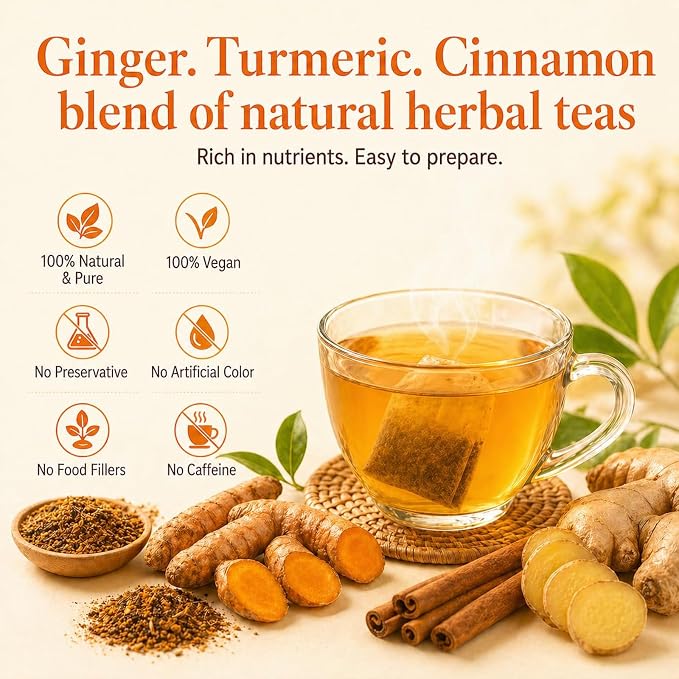 AIGGGO Turmeric Ginger Cinnamon Tea Bags, Digestive Support, 30 Count | Natural turmeric, ginger and cinnamon blend for digestive support and immune wellness, no sugar, vegan and gluten-free