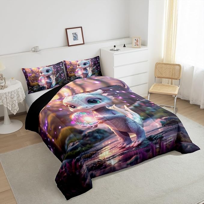 Feelyou Dragon Comforter Set King Size Cute Comforter for Boys Girls Teens Wild Life Bedding Set Dragon Decor Duvet Set Room Decor Pink Purple Quilt Set