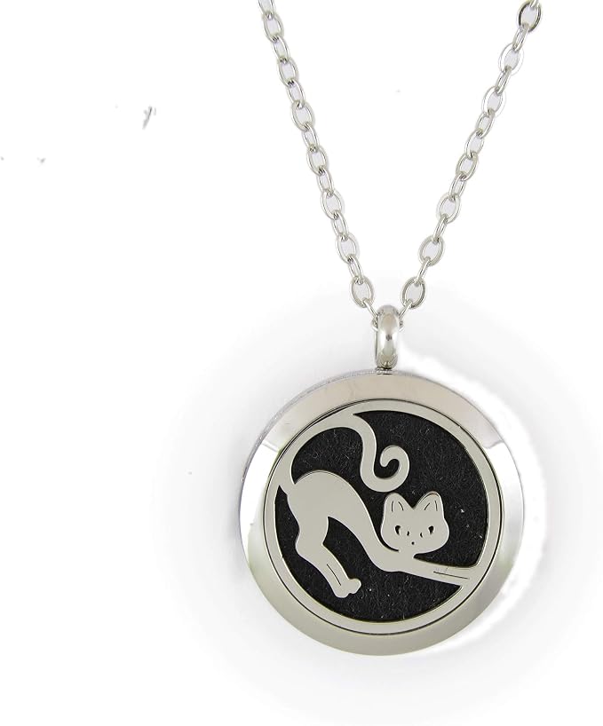 Aromatherapy Essential Oil Diffuser Stainless Steel 30MM Silver Magnetic Locket Pendant 2 Sizes Chain Necklace, Colored Refill Pads & Diffuser Bracelet in a Velvet Bag (fbastretchingskinnycat)