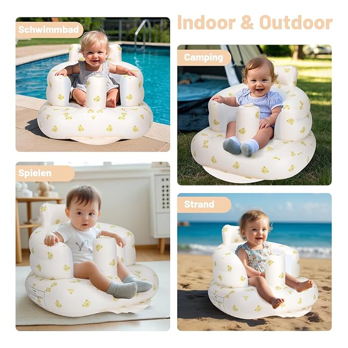 AirSwim Inflatable Baby Seat, Inflatable Baby Chair for Babies 3 Months and Up, Summer Blow Up Chair with Built in Air Pump, Infant Floor Seats for Learning to Sit, Palying, Camping, Bear Head