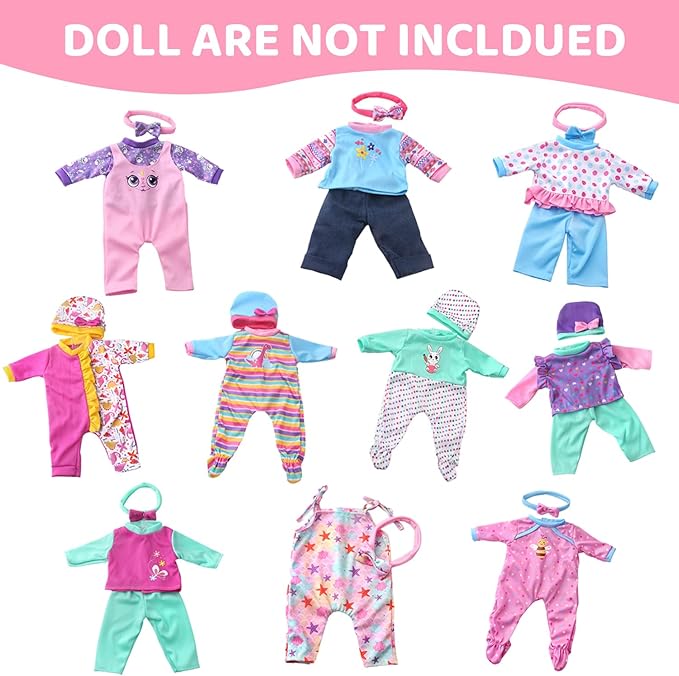 UNICORN ELEMENT 10 Sets Baby Doll Clothes for 14-18 Inch Dolls, Doll Pjs Outfits Playtime Jumpsuits Fit in 15 Inch Dolls Reborn,Total 20 Pcs Outfits and Accessories for 43cm New Born Baby Dolls