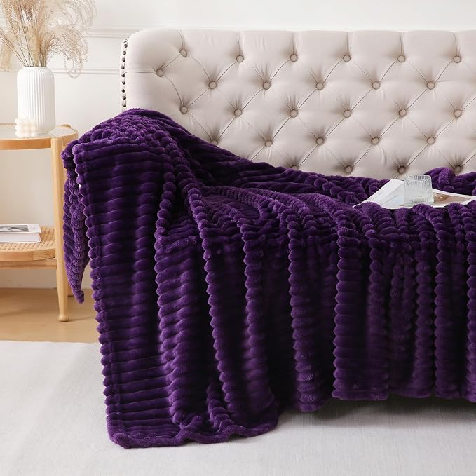 Deep Purple Throw Blanket for Couch Sofa 108"x90" Striped Design | Fleece Blankets Room Home Decor Lightweight Plush Soft Cozy Gifts for Women Mom