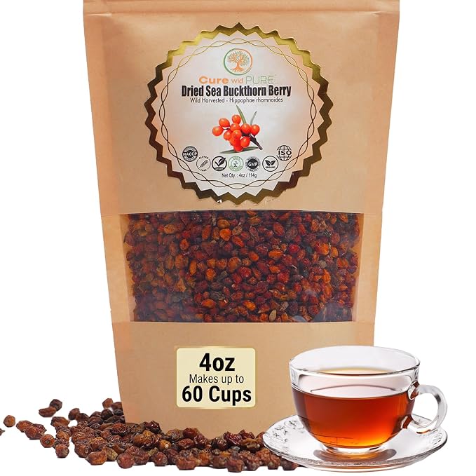 Cure Wid Pure | Organic Whole Dried Seabuckthorn Berries 4oz | Sea Buckthorn Berry From Himalaya | Espino Amarillo | High In Vitamin C,E & Omega 7 | Supports Skin, Immunity, Digestion, & Heart Health