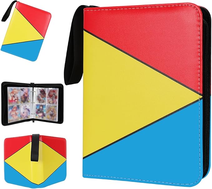 Collectible Trading Card Albums,4 Pocket Card Binder, 400 Double Sided Pocket PU Premium Zip Trading Collection Binderwith 50 Removable Sleeves, Card Folder forTCG, Sports Cards (Red&Yellow& Blue)