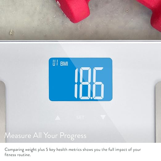 Greater Goods Body Fat Scale, Accurate Digital Weight and Health Metrics, Body Composition, and Weight Measurements, Glass Top, with Large Backlit Display (Silver)