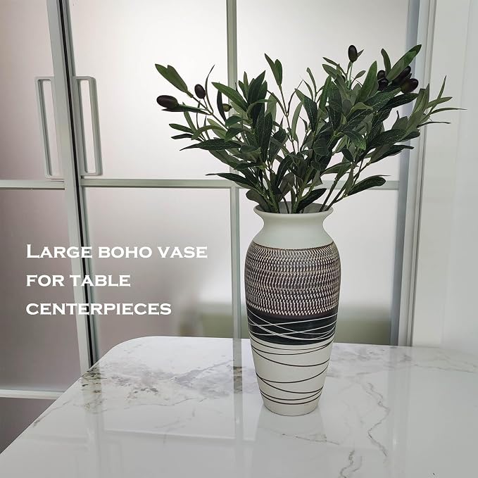 12.6" Tall Vintage Ceramic Rustic Farmhouse Vase (Half Skipcut Brown) | Large Boho Textured Flower Vases for Home Decor, Living Room, Table, Mantel, Shelf