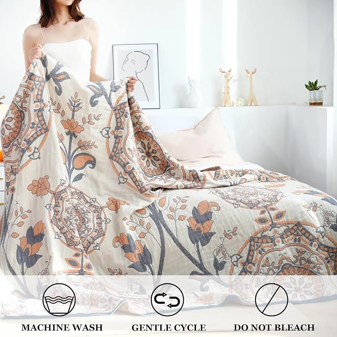 LUTBM Boho Throw Blanket for Bed 60"x80", 100% Cotton Cozy Couch Blankets | Reversible Floral Jacquard, All-Season Quilt, For Chair Sofa Living Room, Lightweight & Breathable Gauze, Vintage Home Decor