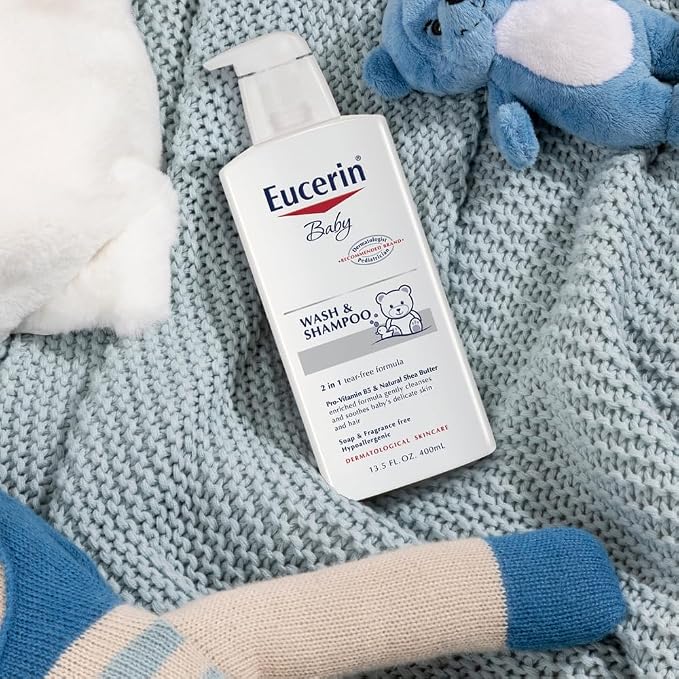 Eucerin Baby Unscented Baby Shampoo and Body Wash, Hypoallergenic, Tear Free Shampoo and Wash with Pro-Vitamin B5 and Shea Butter, 13.5 Fl Oz Bottle 3 pack