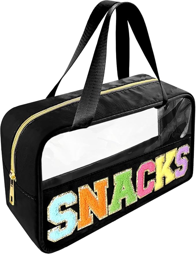 Bunliuys Chenille Letter Clear Makeup Bag Snacks Patch, Travel Toiletry Makeup Bag with Handle, Nylon Waterproof Makeup Bags clear cosmetic bag, preppy patch makeup bag for Women (SNACKS-Black)