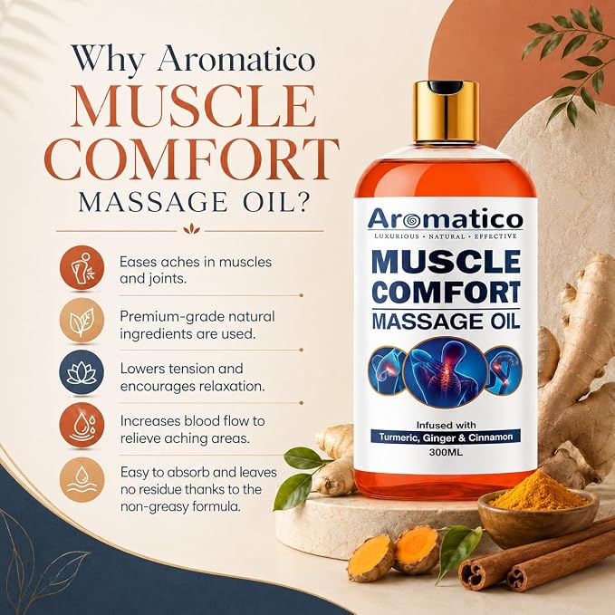 AROMATICO Muscle Comfort Deep Tissue Massage Oil - Herbal Massage Oil with Ginger, Turmeric & Clove for Joint Pain, Back Pain & Muscle Relaxing | 10 Fl Oz