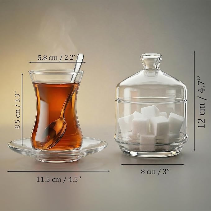 19 Pieces Turkish Tea Glasses Set Includes; 6 Glasses, Tea Cups (4.5 oz), 6 Saucers, 6 Stainless Steel Spoons and Sugar Bowl with Glass Cover (8.6 oz)