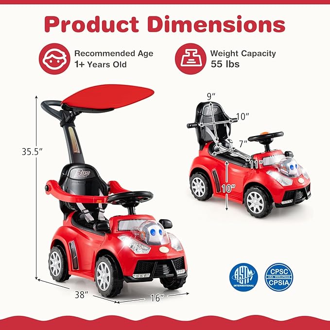 Costzon Push Car for Toddlers, 3 in 1 Stroller Sliding Walking Car with Handle, Canopy, Seat Belt, Horn, Music & Lights, Under-Seat Storage, Guardrail, Foot-to-Floor Ride On Toy for Boys Girls (Red)
