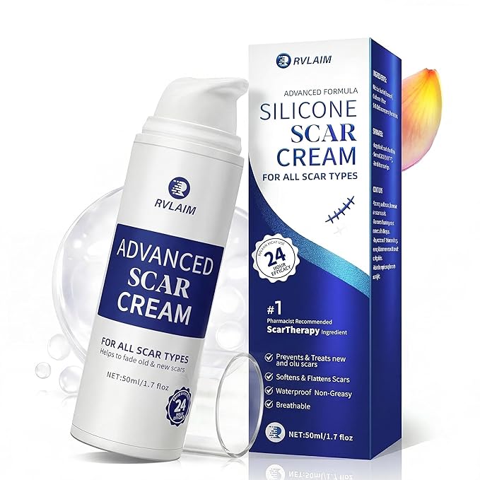 Rvlaim Silicone Scar Cream Scar Gel, Advanced Scar Removal Cream for Surgical Scars, Acne Marks, Stretch Marks, Keloids, C-Section, Burns, Old and New Scars, 1.7 fl oz