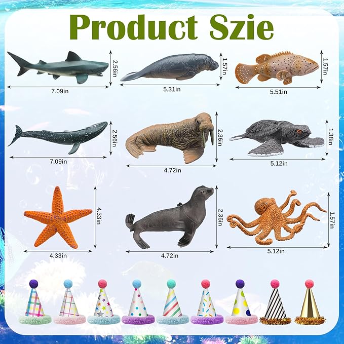 18 Pcs Sea Animal Birthday Party Decorations Mini Birthday Hat Animal Figure Model Cake Toppers with Mini Hat for Animals Themed Party