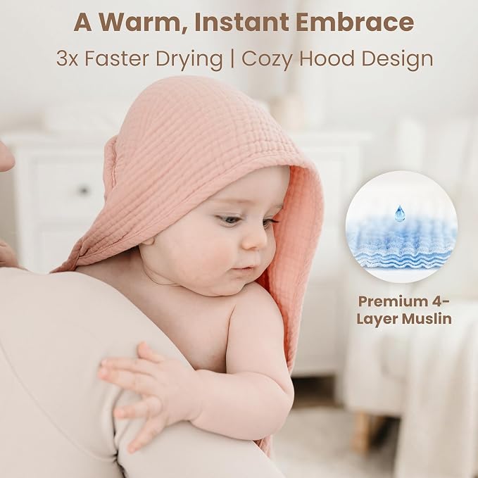 Konssy 2-Pack Muslin Hooded Baby Towels, 100% Cotton, Ultra-Soft & Absorbent Baby Bath Towels with Hood for Newborn & Infant (Pink, Stripe, 32" x 32")