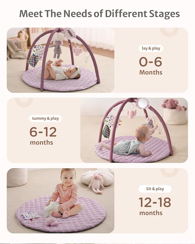 Blissful Diary Baby Play Gym Mat, Tummy Time Activity Mat with 6 Detachable Toys for Stage-Based Sensory & Motor Skill Development, Easy to Install & Clean, Baby Essentials Gift, Lavender Pink