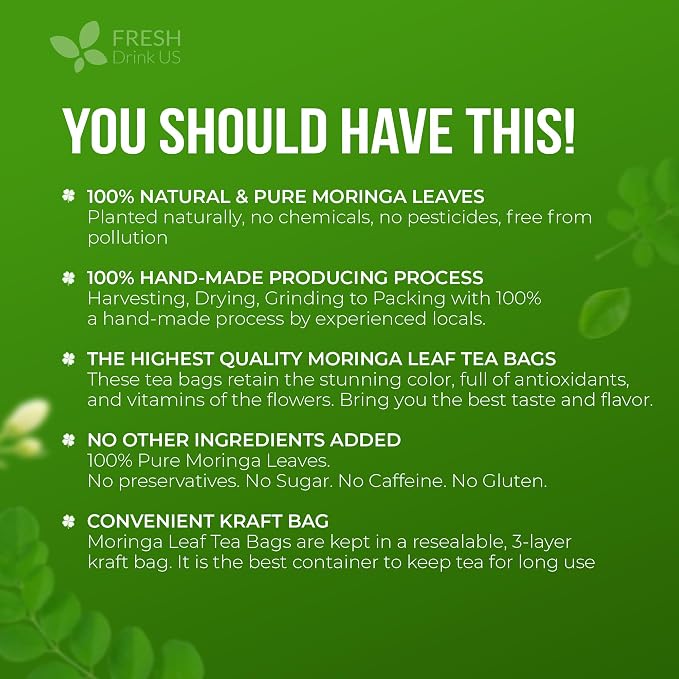 FreshDrinkUS, Premium 135 Moringa Tea Bags, 100% Natural & Pure, Herbal Tea, Made with Natural Materials-Corn Fiber Tea Bags, Sugar/Gluten Free. Rich in Antioxidants and Vitamins.
