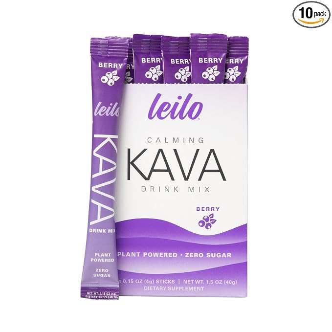 Leilo | Calming Kava Drink Mix | Berry, 10 Stick Packs (Plant-Based Relaxation Powder, Non-Alcoholic, Sugar-Free Herbal Supplement)