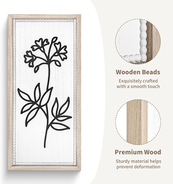 White Floral Bathroom Wall Decor Set of 4, Wood-Framed 3D Gallery Wall Art | Raised floral cutouts in rectangular frames, ready to hang; neutral boho farmhouse gallery decor for bedrooms and hallways