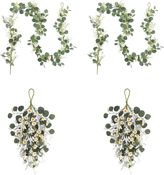 Pinkpum 20'' Eucalyptus Wreath 22'' Daisy Teardrop Swags Set 4 for Front Door Fireplace Hanging Porch Wall Home Window Kitchen Decor Farmhouse Garden Party Indoor Outdoor Summer Spring Fall