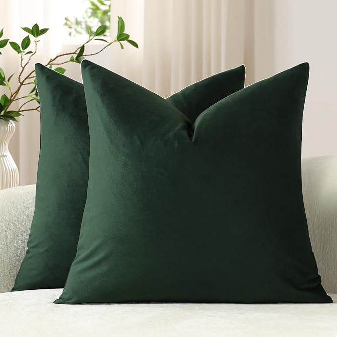 Euro Sham Covers 24x24 Dark Green: Pack of 2 Cozy Soft Velvet Square Modern Luxury Decorative Throw Pillow Cases for Sofa Couch Living Room Bed Home Decor