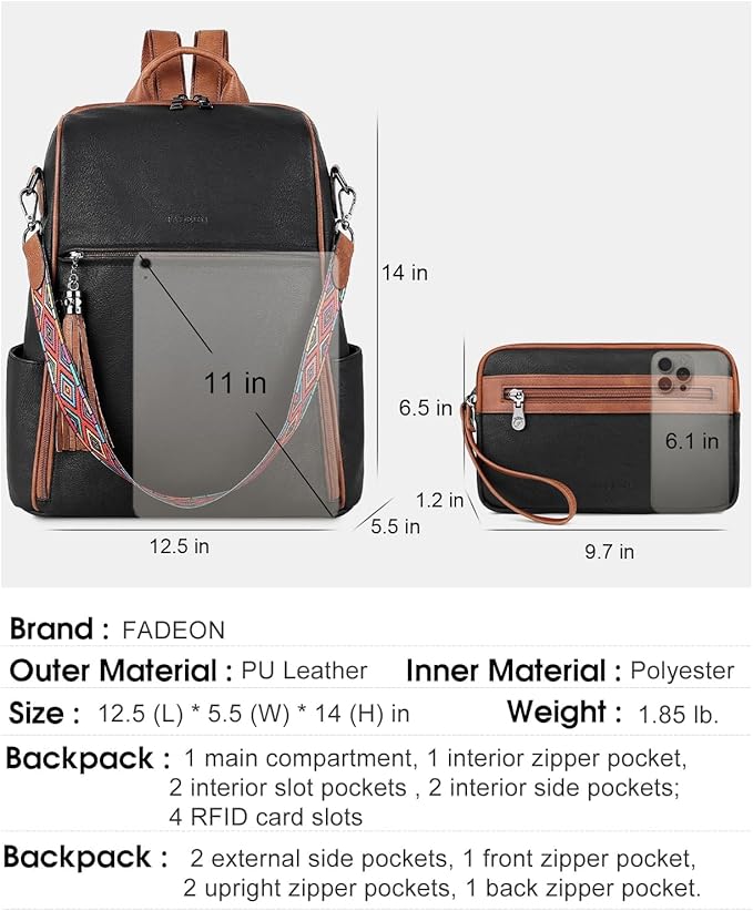 FADEON Leather Backpack Purse for Women Designer Travel Backpack Purses PU Fashion Ladies Shoulder Bag with Tassel