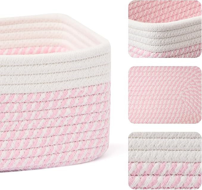 MiniArk Small Storage Baskets for Organizing | Closet Organizer Bins | Shelf Toy Basket | Woven Rope Baskets | Cube Decorative Box | Shallow Basket | 11.5x7.5x4.7” | 3 Packs White Pink