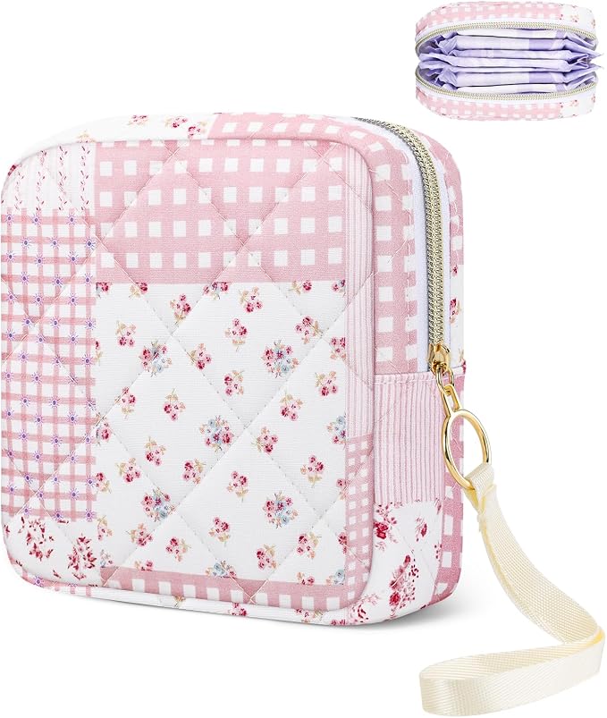 Likesing Quilted Period Bag, Period Pouches for Teen Girls Womens, Portable Floral Print Sanitary Napkin Storage Bag Feminine Emergency Tampon Pad Pouch(Pink Floral Clash)